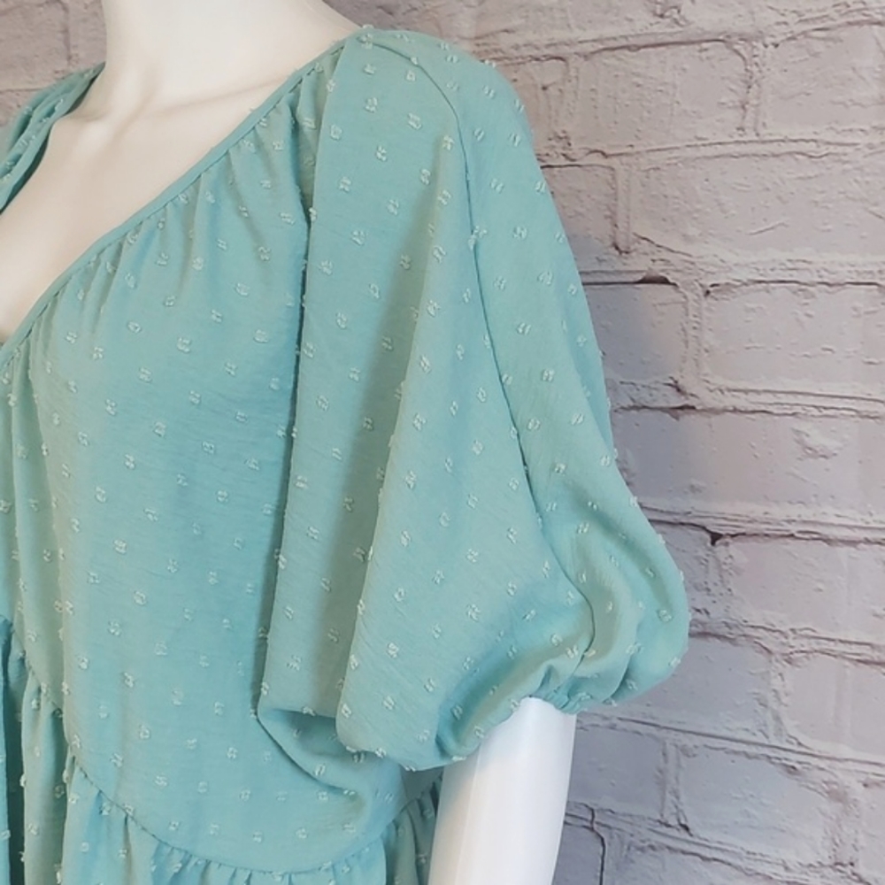Chic Soul Aqua Balloon Sleeve Blouse Swiss Dot Top Plus 2X Adorably You Shirt - Picture 5 of 7